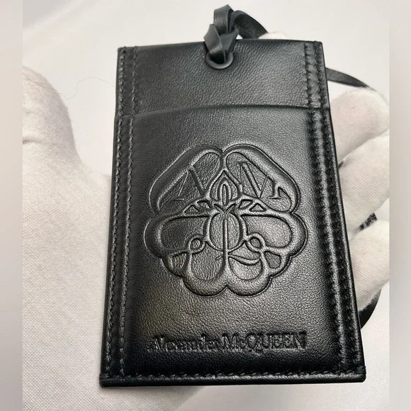 Alexander McQueen Black Leather Card Holder with Strap Lanyard New